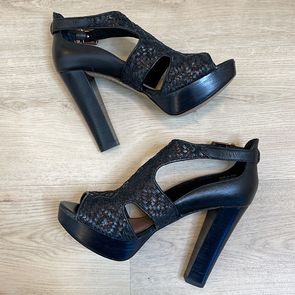 ELLIOTT LUCCA BERNADETTE BLACK WOVEN LEATHER PEEP TOE PLATFORM HEELS **NWOT** - Picture 12 of 16